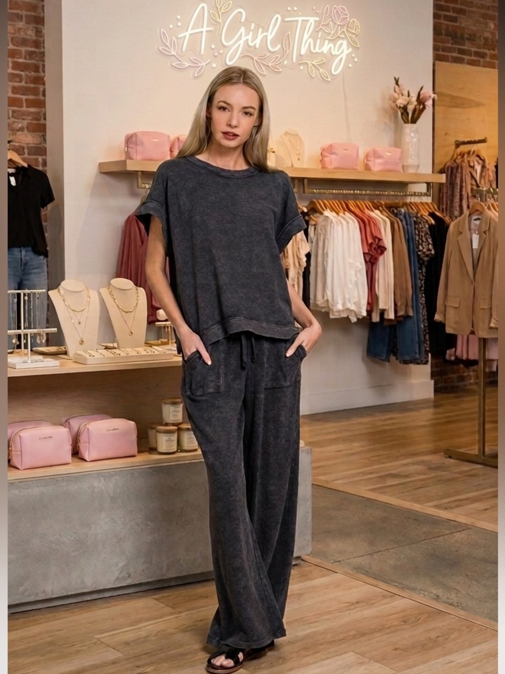247 ❤️ ZENANA black COTTON SLUB SHORT SLEEVE
TEE & LONG PANTS SET
